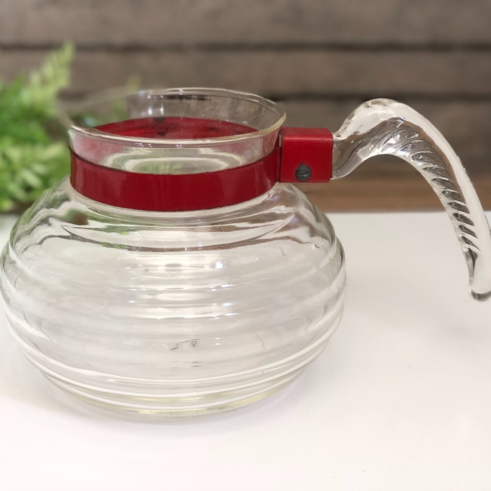 Vintage McKee Glasbake Glass Beehive Tea Pot Coffee Carafe Red Metal Band No Lid